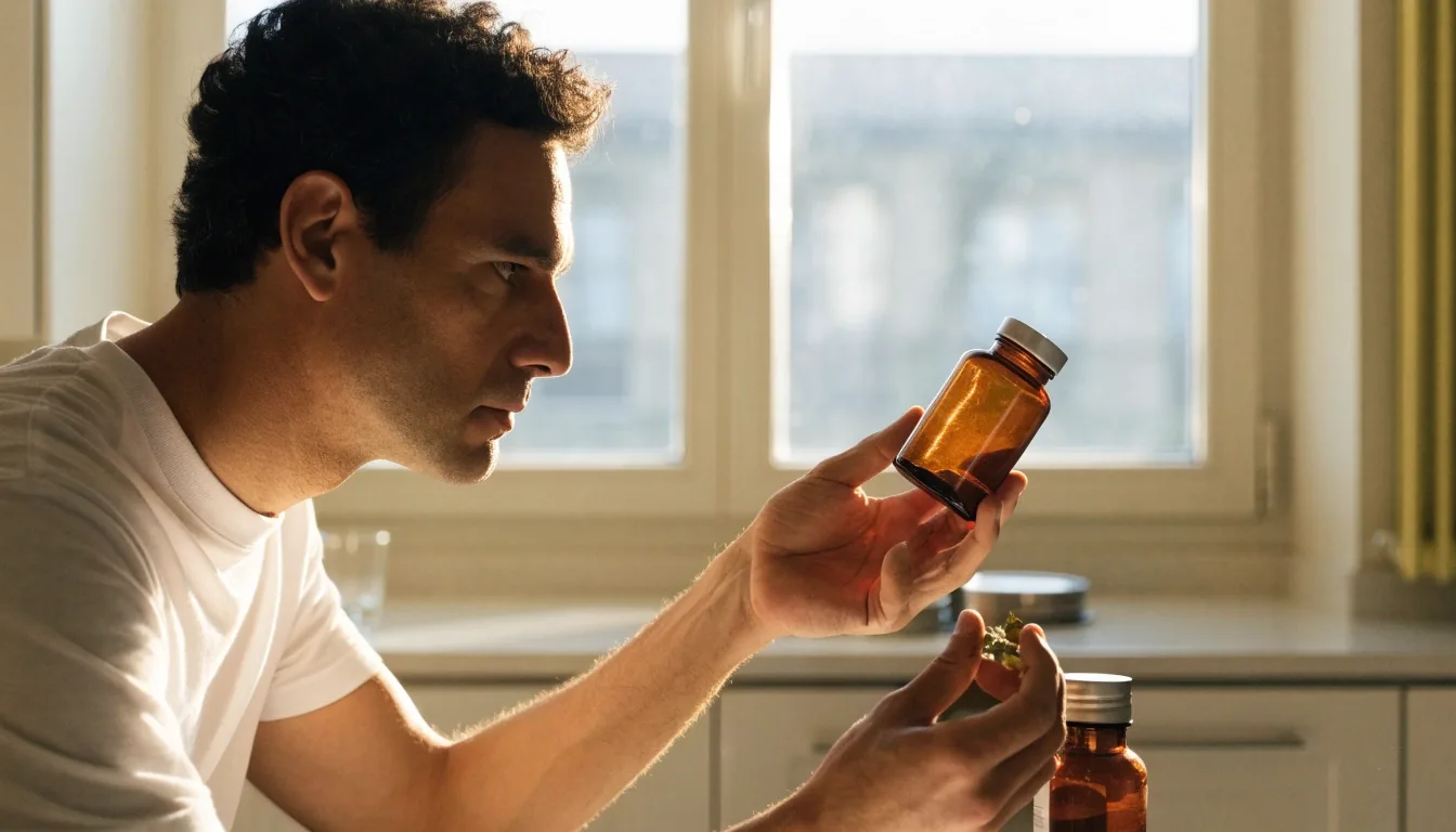 Man comparing two supplement bottles in a bright kitchen to check a label note