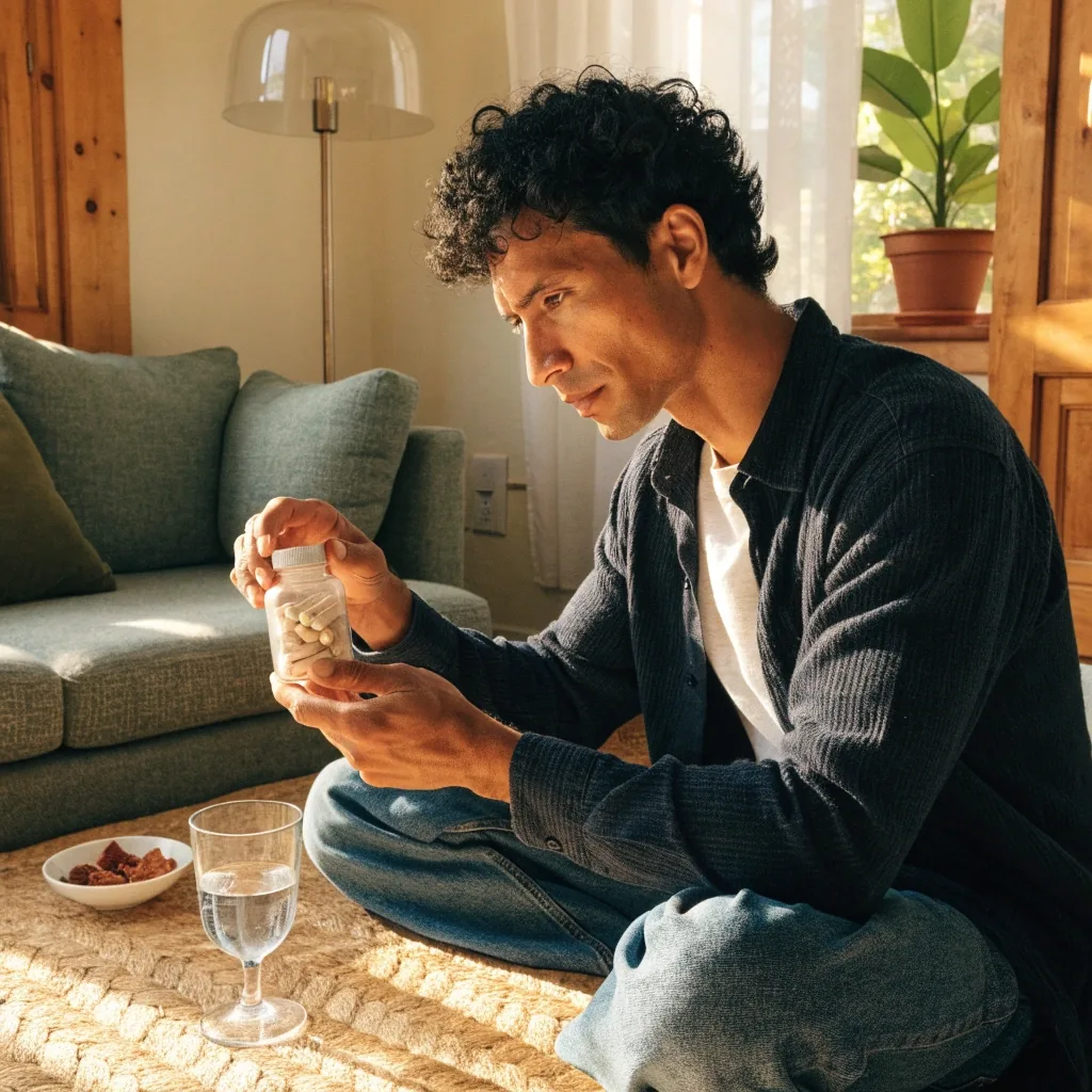 Hands holding a plain unbranded supplement bottle beside a glass of water at a home desk in daylight