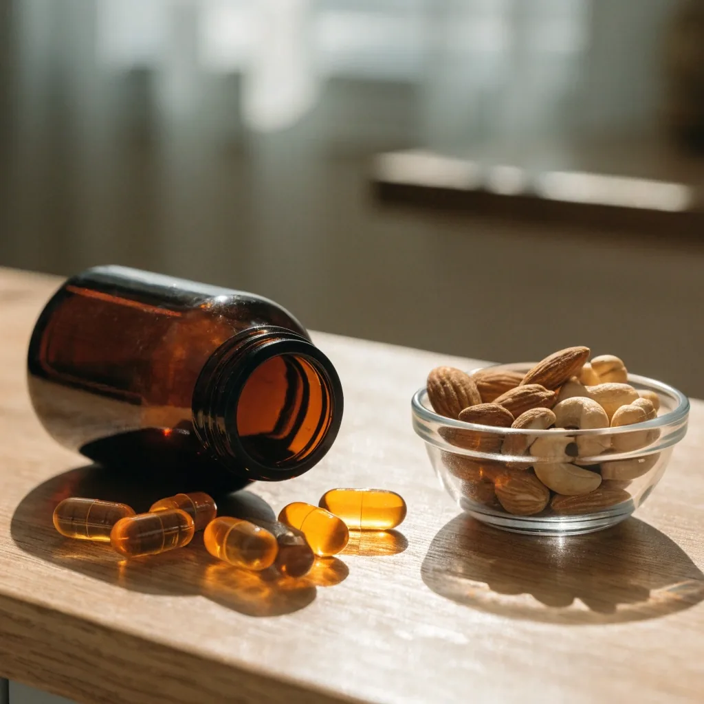 Capsules spilled from a plain amber supplement bottle on a sunlit wooden kitchen counter beside a bowl of nuts