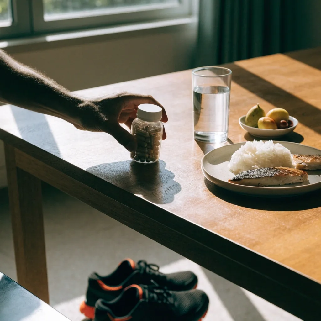 A breakfast table with water, fruit, and a supplement bottle in a bright kitchen with running shoes nearby