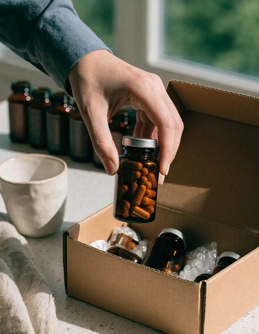 A hand lifting an amber supplement bottle from a shipping carton on a kitchen counter