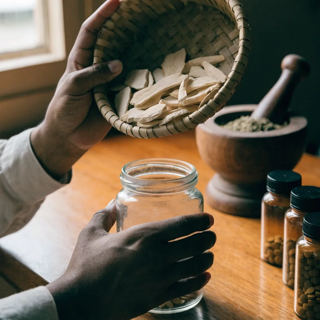 Amber supplement bottles and jars of dried roots on a shelf behind a pharmacy counter