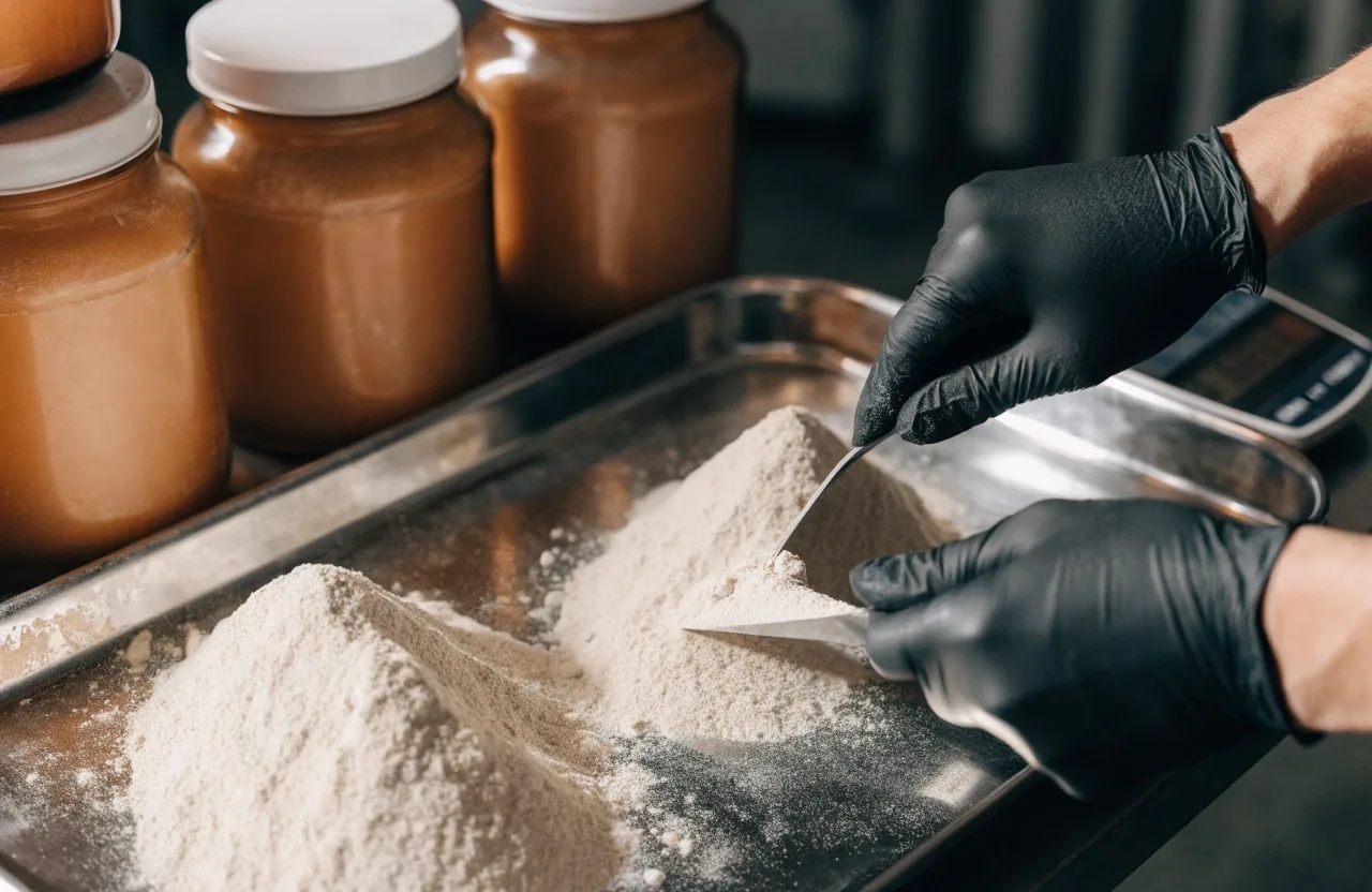 Loose botanical powder in measured mounds, amber jars and a steel spatula on a formulation bench