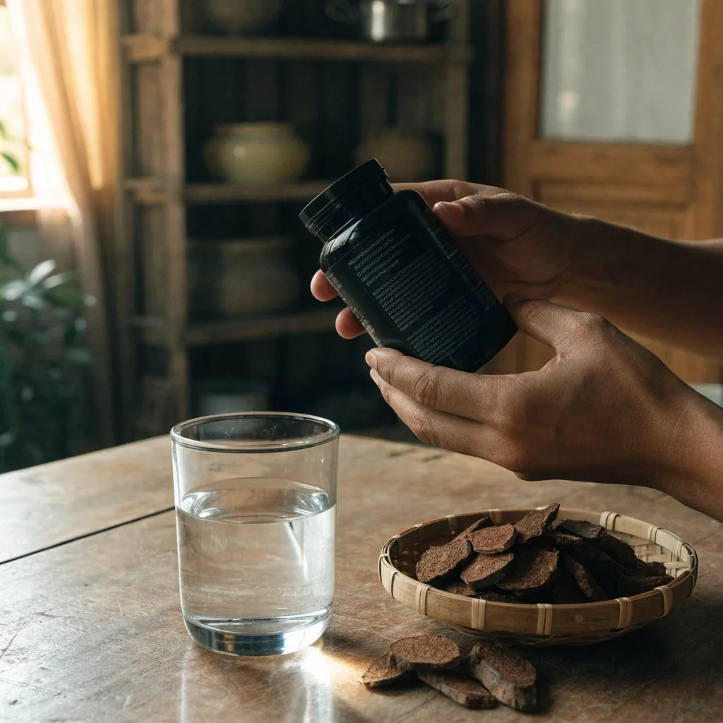 A man turning a supplement bottle to read the back panel at his kitchen counter in morning light