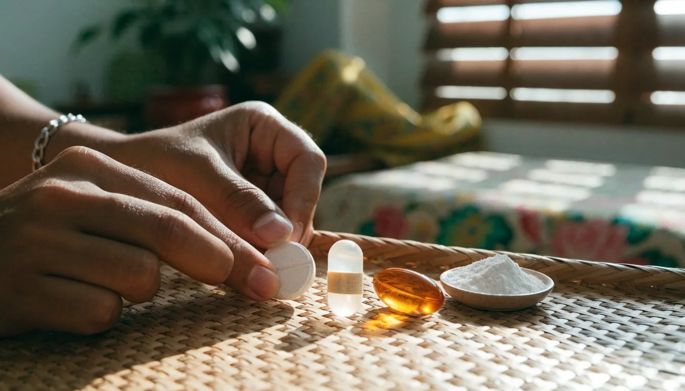 Four supplement formats compared at close range on a plain surface: a tablet, a capsule, a softgel and a scoop of powder